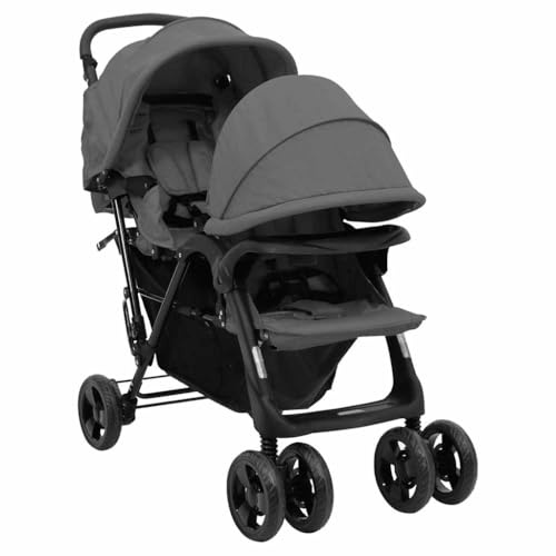 GeenYuu Tandem - Passeggino gemellare, in acciaio grigio scuro, pieghevole, con tettuccio parasole e parapioggia, passeggino sportivo per fratelli, leggero, compatto, con funzione sdraiata, per