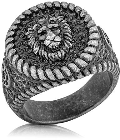 Akitsune Imperator Ring | Bague Design Femmes Hommes Acier Inoxydable Grand Sceau du Roi Lion - Argent Antique - US 9