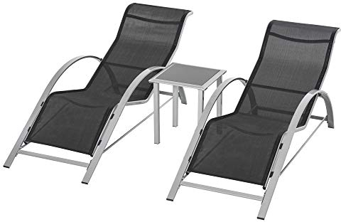 Outsunny Gartenliege Set Metall Mesh 3-TLG. Sonnenliege mit Teetisch Gartengarnitur mit 2 Sonnenliegen, 1 Beistelltisch Gartensitzgruppe für Garten, Balkon 59B x 169T x 66H cm Schwarz+Silber