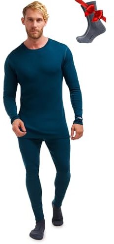100% Merino Wool Base Layer Men Set - Thermal Underwear Mens + Hiking Socks (XX-Large, 250 Deep Teal)