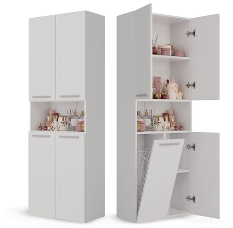 CDF Mobile da Bagno con Armadietti e Ante Bianco Colonna Bagno Salvaspazio 1 Cesto per la Biancheria Mobile Alto a Colonna Cesto Portabiancheria Armadio Bagno 174 x 60 x 30