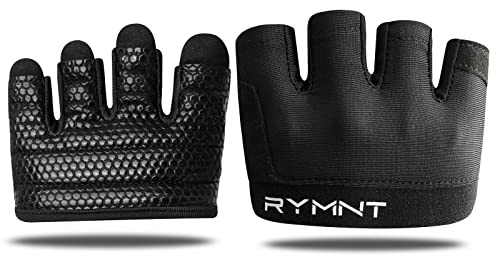RYMNT Minimal Workout Gloves,Short Micro Weight Lifting Gloves Grip Pads with Full Palm Protection & Extra Grip for Men Women Weightlifting,Gym,Cross Training,Powerlifting,WODs.Black-Large