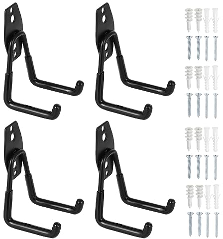 Faankiton 4 Stück Wandhaken - Schwerlast Doppelhaken für Garage-Organisation von Leitern, Schläuchen, Fahrrädern und Elektrowerkzeugen (Klein, Schwarz)