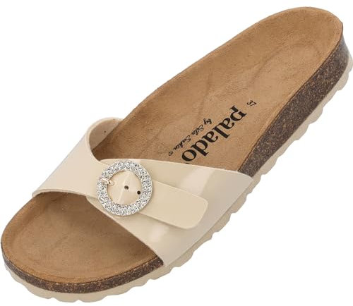 Palado Pantoletten Damen Malta RD by Sila Sahin – bequeme Sandalen Made in Spain - Hausschuhe mit runder Glitzerschnalle - modische Sommerschuhe mit Kork-Fußbett Beige Lack UK5,5 - EU38