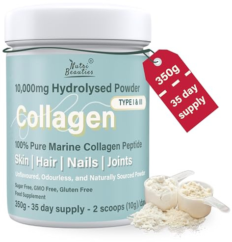 NUTRI BEAUTIES Pure Marine Collagen Peptides Powder 10,000Mg | 19 Essential Amino Acids | Unflavoured 350g Hydrolyzed Collagen Supplements for women and men (Type I, III) | 35 Day Supply |Halal | skin