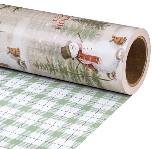 Ruspepa Vändbar omslagspapper på rulle, rutigt mönster med snögubbe, perfekt för jul, fest, semester, 43,2 cm x 10 m