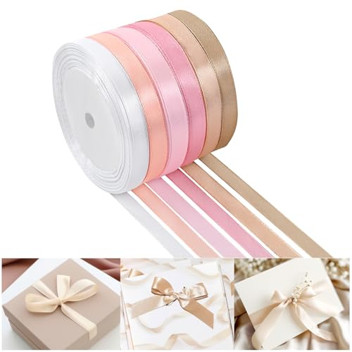 NACHLYNN 150 Yards Rainbow Satin Ribbon Wide Polyester Fabric Ribbon Use for Gift Wrap Wedding Bridal Baby Shower Bows Decor Flower Bouquet Crafts (Rose Gold, 3/8 inch)