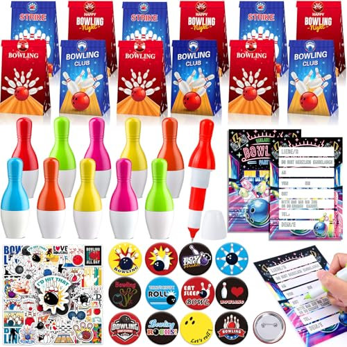 G.C 116 Stück Bowling Mitgebsel Kindergeburtstag Einladungskarten Bowling Kunststoff Kugelschreiber Aufkleber Buttons Anstecker Geschenktüten Kinder Mädchen Jungen Geburtstag Deko Party Give Aways