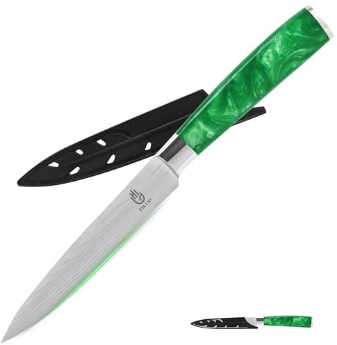 FULLHI Coltelli multiuso, colore 12,5 cm coltello giapponese con fodero, coltello universale coltello da cucina in acciaio inox con guardia (Resina verde)