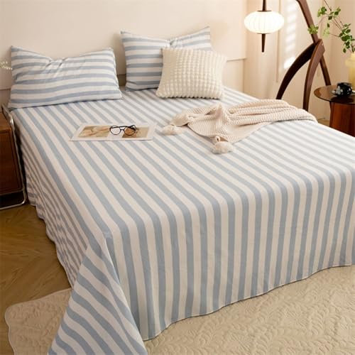 Boxspringbett Betttuch 230x250cm Polyester mit 2 Stück Kissenbezug, Bed Sheets Hellblau Bettlaken mit Streifenmuster Bedruckt