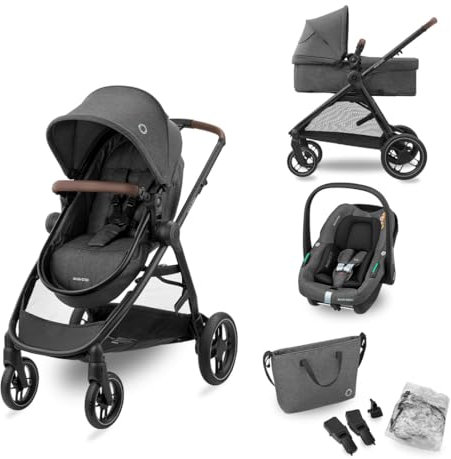Maxi-Cosi Zelia S Trio 3-in-1 Prams Travel System, 0-4 Years, Up to 22 kg, Foldable, Compact and Reclining Baby Pushchair, with CabrioFix S i-Size Baby Car Seat, Accessories, Nursery Bag, Dark Grey