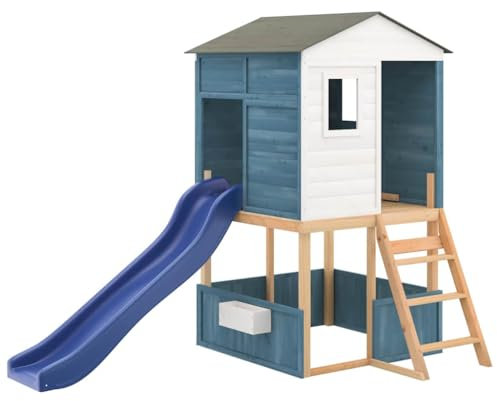 vidaxl Outdoor Playset - Solid Fir Wood with Blue Roof/Wave Slide, 145x131.5x218.5cm, for Kids' Backyard Adventures