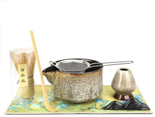 SHTALHST Juego de 7 piezas de matcha con escoba matcha, cuenco de 430 ml, vaso Matcha, colador de matcha, cuchara de matcha y accesorios para matcha, incluye cuenco para matcha con boquilla y soporte