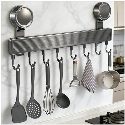 Barre de Cuisine Ustensile Sans Perçage Avec Ventouse, Sans Perforation Porte Ustensiles Cuisine Mural, Espace Aluminium Porte Ustensiles Mural, Crochet Amovible pour Cuisines, Salle de Bains, Chambre