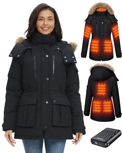 GOTOBI Veste Chauffante Femme Avec Batterie Incluse de 18400 Mah 12v, 8 Zones de Chauffage,Parka Longue Femme chaud et imperméable à capuche amovible en fausse fourrure