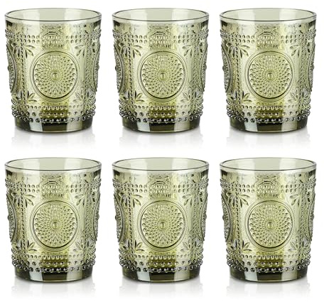 Joeyan Lot de 6 Verres à Eau Vert,320ml Verres à Jus et Soda,Vintage Verre à Boire Design en Tournesol Floraux Relief,Verre de Table Pour Eau Gazeuse Orangeade Apéritif et Bière,Lavable Lave-Vaisselle
