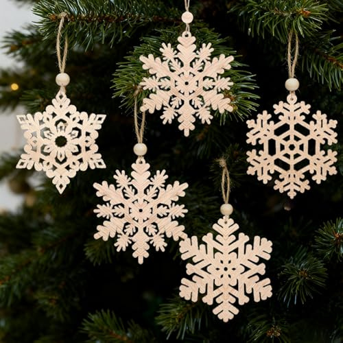 DAHI 32 Pz Fiocchi di Neve Decorativi in Legno 7,5 cm, da Appendere, Fiocchi di Neve per Albero di Natale, Decorazioni Legno Natalizie (beige-A)