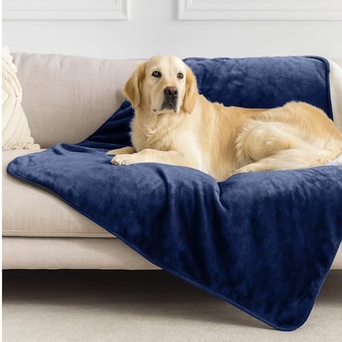 Dreamzie - Plaid Imperméable Chien 100x120 cm - Couverture Imperméable Réversible - pour Lit et Canapé Chien, en Polaire Sherpa - Lavable - Bleu Marine