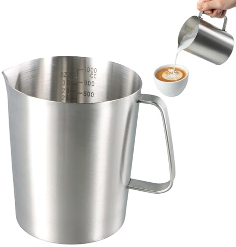 Vaso Medidor de Acero Inoxidable de 1L, 1000 ml Jarra Medidora con Escala Fina Borde Vertedor y Mango, Vaso Batidora de Metal para Bar, Cafetería, Hogar, Cocina y Restaurante