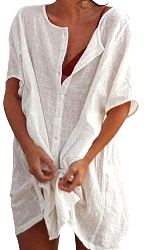 Camisas Mujer Largos Vestido Playa Verano Camisa Suelta de Bikini Cover Up Traje para Mujer Vestido de Playa Casual Blusa Camisolas Playeras Suelto Pareos Color Sólido