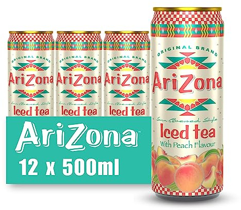 Arizona Peach Iced Tea, Pack of 12 x 500ml Cans, Black Tea with Peach Juice, No Artificial Colours or Preservatives
