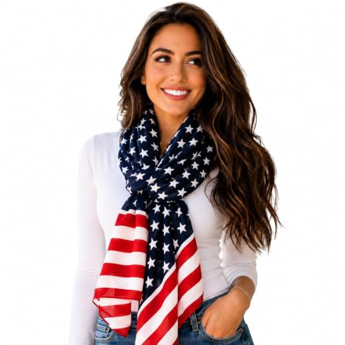 Shimmer Anna Shine USA American Flag Patriotic Scarf, Red White and Blue Scarf for USA Soccer Fans, 4th of July Party Accessories