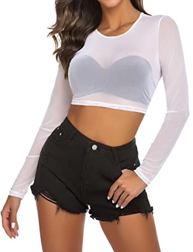 Avidlove Mesh Crop Top Sheer Tops for Women Long Sleeve Sexy Mesh Cropped Tee Blouse See Thru Shirts White, L