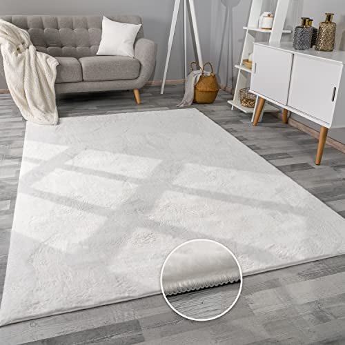 Paco Home Alfombra para Salón en Falsa Piel Suave Lavable Moderna Elegante Fácil de Limpiar Efecto Piel Uni Brillante Fluffy a Pelo Corto, tamaño:200x280 cm, Color:Blanco