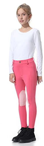 beroy Kids Horse Riding Knee-Patches Pants Girls Equestrian Front-Zip Breeches Legging with Pockets(Pink,XL)
