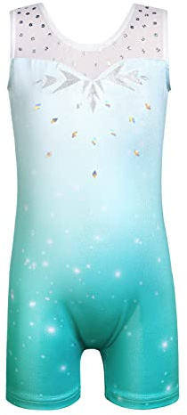 Gymnastics Leotards for Girls Kids Clothing Outfits 5t 5/6 Year Old Biketard Mesh Bike Shorts Aqua Blue Snowflake Sparkly Shiny