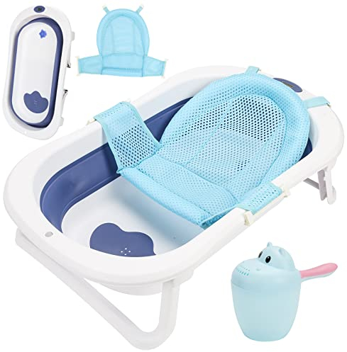 Ikodm 3 in 1 Baby badewanne mit Thermometer | Badematte | Baby-Haarwaschbecher, Ergonomische Babybadewanne Faltbar, Platzsparend, für Neugeborene Kleinkind ab 0-3 Jahre (Blau)