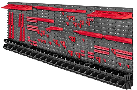 KADAX Werkzeugwandregal Groß, 232x78cm Lagersystem aus robustem Kunststoff, UV-Resistentes Modul-System, Erweiterbare Wandplatten, Werkstattregal für Garage (Rot&Schwarz, 140 tlg.)