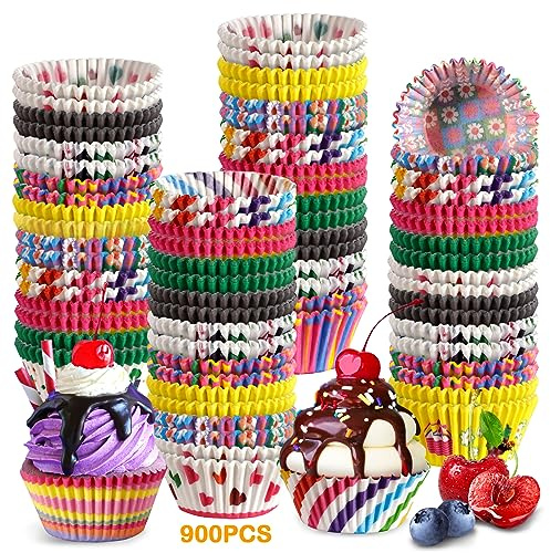 POWZOO Pirottini per muffin carta,900 pirottini colorati per muffin,Pirottini di Carta, per Cupcake,Pirottini da Forno Olio-Prova,adatti per matrimoni,cuocere,compleanni,feste (9 motivi)