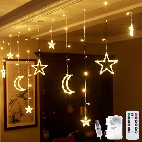 DAZZTIME Ljusslinga, stjärnor, måne, 100 LED-ljus, stjärna, måne, ljusslingor 3,5 m, nattljus, fönster, ljusgardin, med 8 blinkande lägen, fjärrkontroll, för Ramadan, jul, bröllop, fest