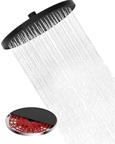 Hibbent Pomme de Douche Pluie Auto-nettoyante, tete de douche Pluie Fixe 10 pouces, tete de douche pluie Ronde Haute Pression avec mécanisme d'auto-nettoyage,noir