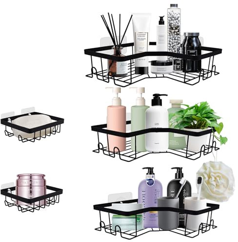 Evenpop Corner Shower Caddy 5 Pack, No Drilling Shower Organiser Rack with Soap Holder and Hooks with 20 Hooks, Rustproof Bathroom Kitchen Storage & Organisation - Black