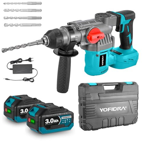 Yofidra Cordless Hammer Drill - 500W 3J Power, Brushless Motor, Rotary Hammer Drill with 2×3.0Ah Batteries, 2-in-1 Demolition & Chisel Hammer with 4 Bits, Electric Tool for Home, Garden DIY
