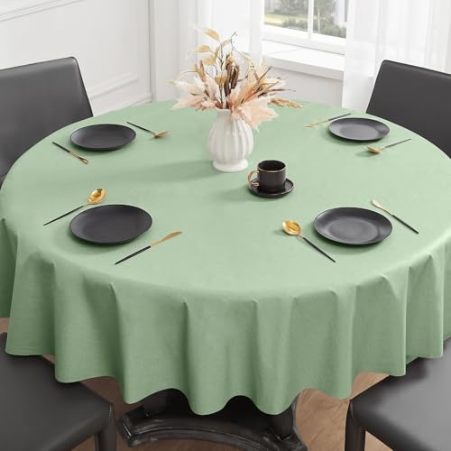 Romanstile pequeña mantel de hule redondo de 80 cm para exteriores, verde, aspecto de lino, PVC, manteles impermeables para jardín, resistentes al mal tiempo, paño de mesa decorativo para mesa de café