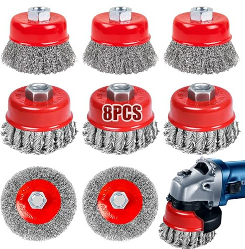 Caiery Set di 8 spazzole metalliche per smerigliatrici angolari, spazzola metallica M14, spazzola metallica da 75/100 mm, per trapano a tazza, per la pulizia, la rimozione della ruggine e la