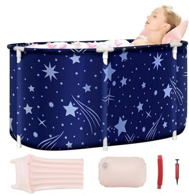 Fesatccoz Baignoire Pliable Adulte, 120x55x50cm Portable Grande Baignoire de Trempage pour Bain Chaud, Bain Glacé, Spa, Seau de Bain Épais, pour Deux Personnes avec Dossier, Coussin et Pompe
