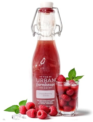 The Urban Farmhouse Co Organic Raspberry Vinegar Shrub, 9 oz Bottle - Handcrafted Drinking Vinegar with Raw Apple Cider, Mother & Whole Berries - No Sugar Added Cocktail Mixer & Mocktail Tonic