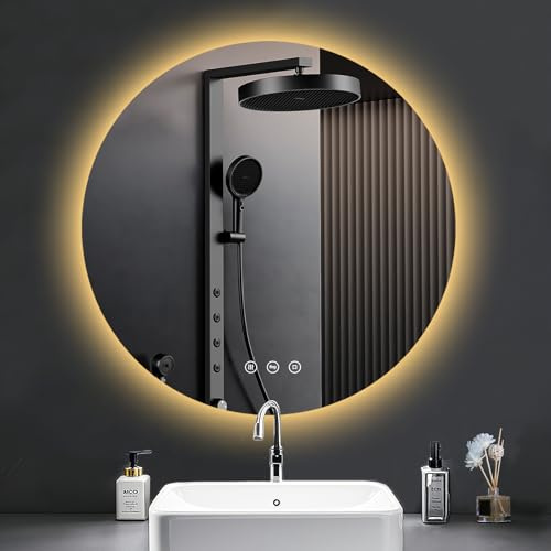 PESENXAN Badrumsspegel med belysning 80 cm, LED-badrumsspegel med ljus, imfri, 3 ljusfärger, dimbar, touch-brytare, minnesfunktion, rund energisparande badrumsspegel