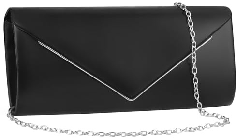 Larcenciel Clutch Damen, Vintage Leder Handtasche mit Abnehmbarer Kette, Elegante Veganes Envelope Abendtasche, Mode Umschlag Umhängetasche, Schwarz Crossbody Tasche für Hochzeit Bankett, 25x10x5CM