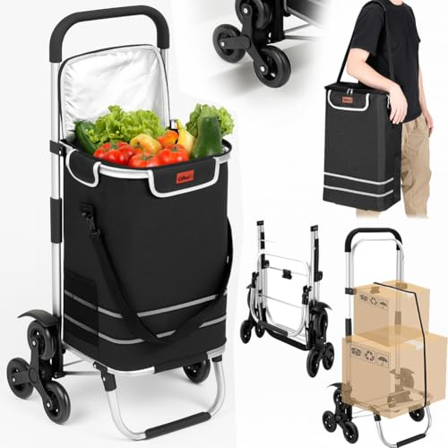BAKAJI Carrello Spesa Montascale 3 in 1 Pieghevole per Trasporto con Capacità 56 Litri, Carrellino a Mano Portaspesa con Borsa Refrigerante, Carico Massimo 30kg, Manico Ergonomico, Tracolla (Nero)