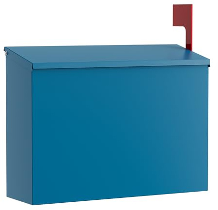 VERSASKY Wall Mount Mailbox for Outside Large Capacity, Blue, 14.2 W | Rust-Proof Mail Box with Stay-Open Lid & Red Flag Kit, Galvanized Steel, Weather-Resistant Post Box, Apartment & Office Use