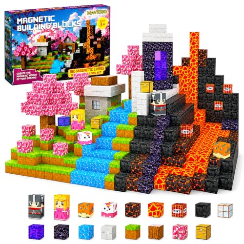 Maveriq Magnetic Blocks-150 PCS Magnetic Building Blocks, Construction Toys for Montessori Halloween, STEM Sensory Toys for Boys Girls Age 3 4 5 6 7 8 9 10 (Lava World)
