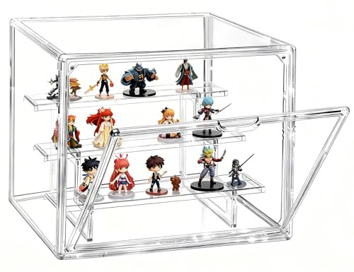 Akamino Acrylic Display Case with Removable 3-Tiered Shelves, 36 x 23 x 27cm Stackable Display Box Dustproof Countertop Cube with Openable Door, Clear Showcase for Collectibles, Action Figures Toys