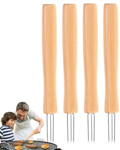 Zunetsutock Porta pannocchie di granturco, 3 punte con manico in legno, 4 picche per pannocchie di mais - per barbecue, griglia, frutta e verdura