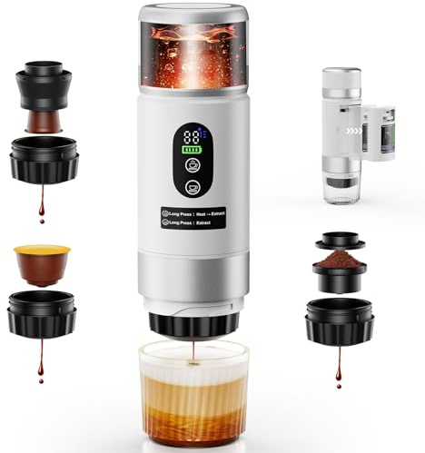 Macchina Caffe Portatile, Caffettiera Portatile 3-in-1 con batteria 2 x 7500 mAh,20 Bar, Autoriscaldante,USB-C,Piccola Macchina da Caffè 3 in 1 con Caffè Macinato e Capsule (NS & DG) per Camper