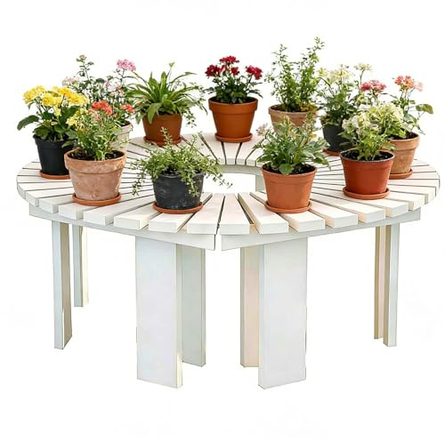 Banco para árbol con respaldo envolvente y listones - Bancos de jardín para exteriores - Asiento de madera para árbol para patio trasero - Silla para patio - Marrón, azul y blanco(Blanco,Half Round)